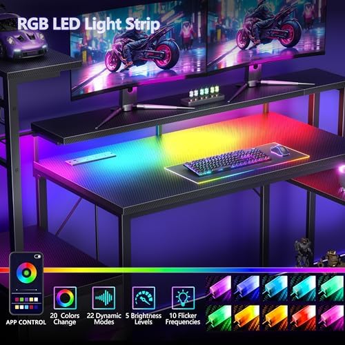 Korfile 48" Gaming Desk with Power Outlet, LED, Carbon Fiber Black Finish - Image 4