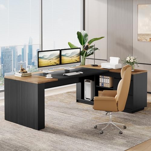 Tribesigns 78" L Shaped Executive Desk with Drawers, Large Office Computer Desk with Cabinet and Storage Shelves, Modern Business Furniture Sets Workstation for Home Office (Brown&Black) - Image 3