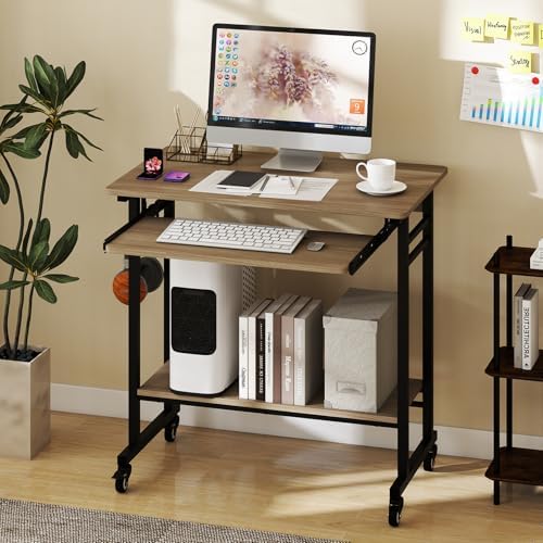 Tangkula Rolling Computer Desk Cart with Keyboard Tray, Mobile Portable Laptop PC Desk with CPU Stand & 3 Hooks for Sofa & Bed, Compact Small Desk on Wheels for Small Spaces (Grey) - Image 2