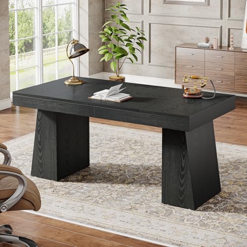 Tribesigns 55 Inches Executive Desk, Mid-Century Modern Home Office Desk, Wood Computer Desk Business Workstation Desk Small Conference Table, Black - Image 3