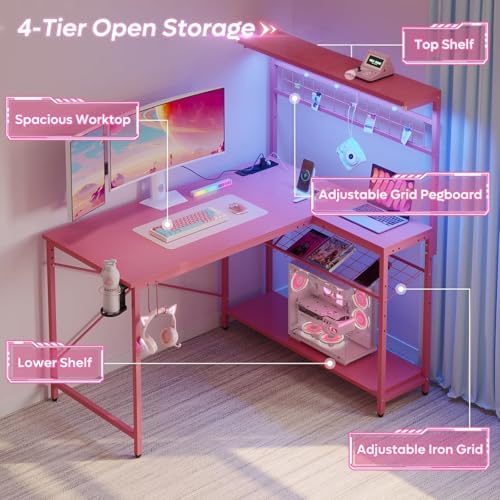 Bestier 42" L Gaming Desk with Power Outlets LED Lights, Carbon Fiber Pink - Image 5