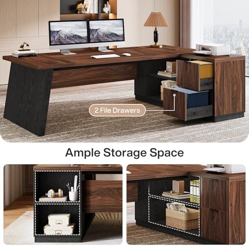 Tribesigns 78" L Shaped Executive Desk, Large Office Desk with Drawers and Storage Shelves, Modern Corner Computer Table Business Furniture for Home Office (Walnut & Brown) - Image 5