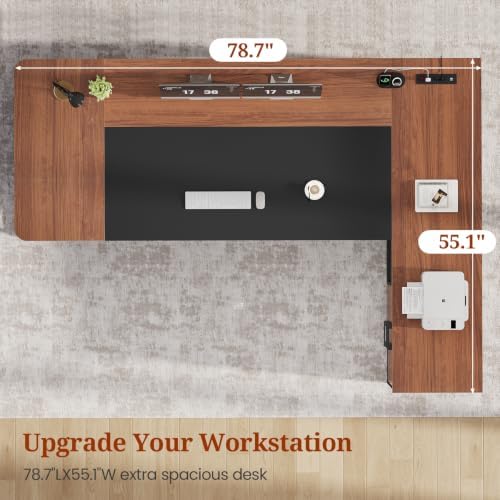 UPOSOJA 78.7" Executive Desk, Large Office Desk with Drawers & Storage Shelves, Modern L Shaped Computer Desk Corner Desk with Power Outlets, File Cabinet, Business Furniture Desk Workstation (Walnut) - Image 3