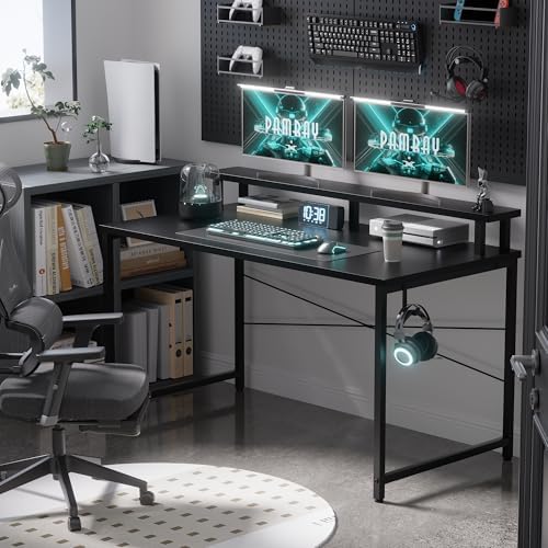 Pamray 47 Inch Small Computer Desk with Monitor Stand, Simple Office Desk with Headphone Hook for Small Spaces, Kids Study Writing Table for Bedroom, Black - Image 2