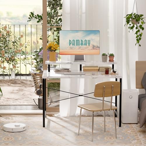 Pamray 32 Inch Small Computer Desk with Monitor Stand, Simple Office Desk with Headphone Hook for Small Spaces, Kids Study Writing Table for Bedroom, Marble - Image 2