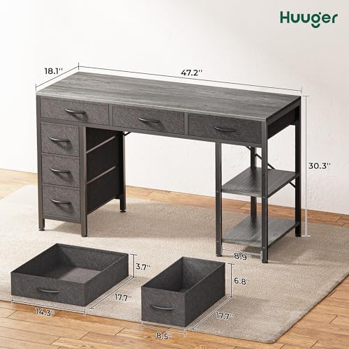 Huuger Computer Desk with 6 Drawers, Office Desk with Shelves, Reversible Gaming Desk, Corner Desk with Storage, Work for Home Office, Study, Living Room, 47inch, Grey - Image 3