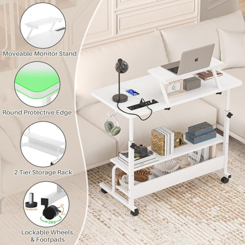 Height Adjustable Standing Desk with Power Outlets and LED Lights - 32" Manual Stand Up Desk with Monitor Stand and Storage Shelves Small Mobile Rolling Computer Desk Portable Laptop Table, White - Image 6
