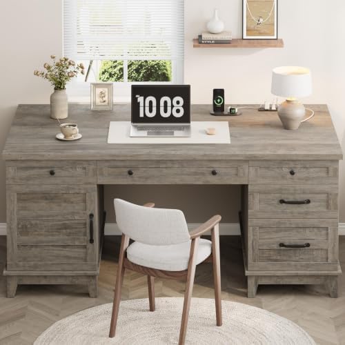IDEALHOUSE 60" Farmhouse Wooden Home Office Executive Desk with Drawers - Image 6
