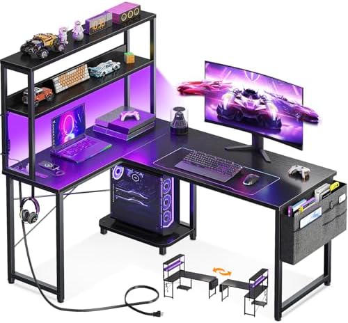 AODK L Shaped Desk Gaming Desk with LED Light & Power Outlet by AODK