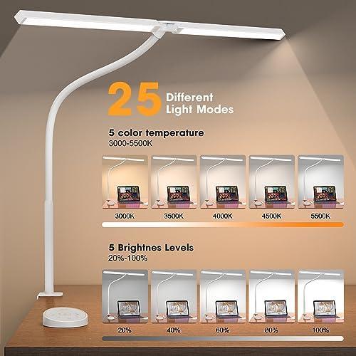 Pzloz Led Desk Lamp for Office Home - Eye Caring Architect lamp with Clamp,Dual Screen Computer Monitor Work Smart Light: 24W 5 Color Flexible Adjustable Lighting Table Lamp for Study White - Image 3