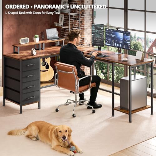 Korfile 66 inch L Shaped Computer Desk with Power Outlets, Rustic Brown - Image 7