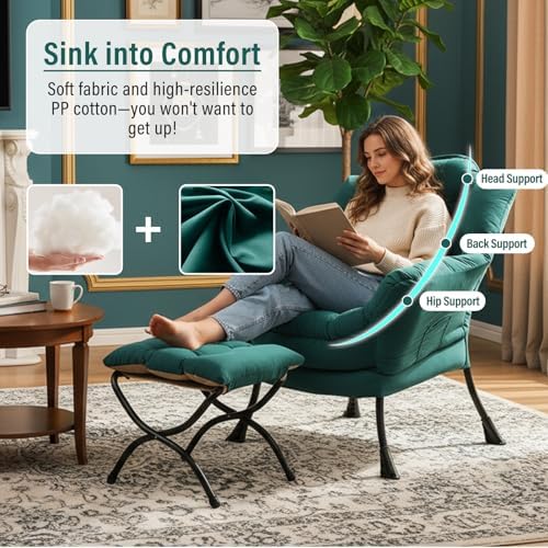 Furlide Lazy Chair with Ottoman, Soft Comfy Chair for Bedroom, Dark Green - Image 4