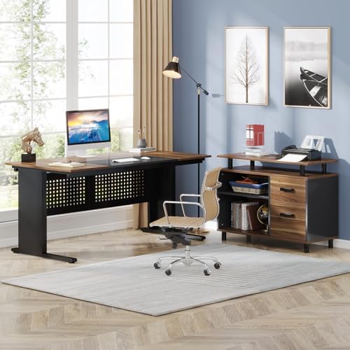 Tribesigns 63 Inch Executive Desk with File Cabinet, Large Office Desk L Shaped Computer Desk with Drawers and Storage Shelves, Business Furniture Desk Workstation for Home Office, Brown and Black - Image 4
