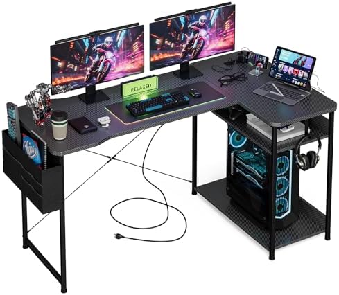 Acrolix L Shaped Gaming Desk 55 Inch - Computer Corner Desk with Power Outlets, Reversible Shelves & Storage Bag for Home Office, PC Gaming Table, Black Carbon by Acrolix