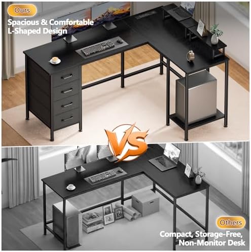 Korfile 59 inch L Shaped Computer Desk with Power Outlets, Black - Image 5