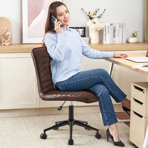 Furniliving Leather Home Office Chair, Armless Vanity Desk Task Chair with Wheels 360° Swivel Computer Rolling Desk Chair with Back, Adjustable Accent Chair with Base Stool - Image 4