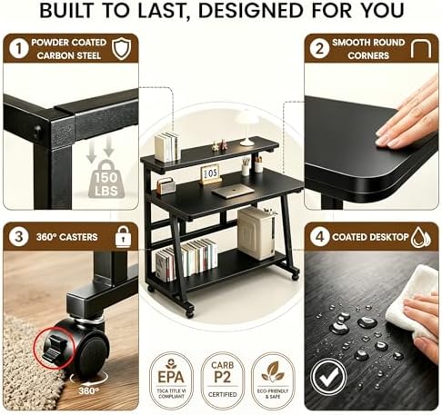 39.4 Inch Compact Rolling Computer Desk with Tier Worktable & Lockable Wheels, Small Computer Desk, Small Desk for Bedroom, Mobile Writing Workstation Easy Assembly for Home Office Small Spaces - Image 7