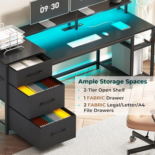SEDETA 59" Office Desk with Drawers, Reversible Computer Desk with File Drawers & Storage, Gaming Desk with LED Lights & Power Outlet, Home Office Desks for Printer, Black - Image 4