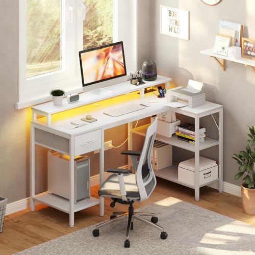 DUMOS 47 Inch Gaming Desk, Monitor Stand, LED Lights, Storage Shelves - Image 2