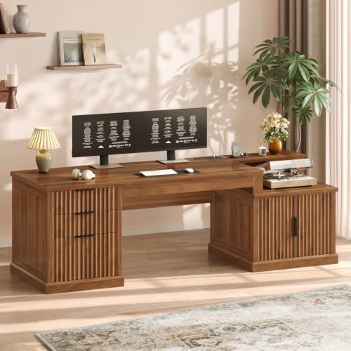 SEDETA 70.9" Executive Desk, Fluted Office Desk with Drawers, Brown - Image 3