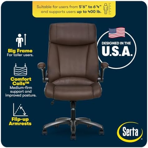 Serta Big and Tall Office Chair with Lumbar Support, Flip Arm Leather Chair - Image 4