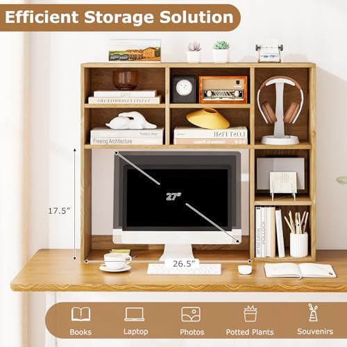 Tangkula Desktop Bookshelf, 37" Countertop Storage Hutch with 7 Cubes & 3 Adjustable Shelves, 3-Tier Desk Display Rack Organizer, Multipurpose Wood Desktop Hutch for Dorm Home Office (Natural) - Image 6