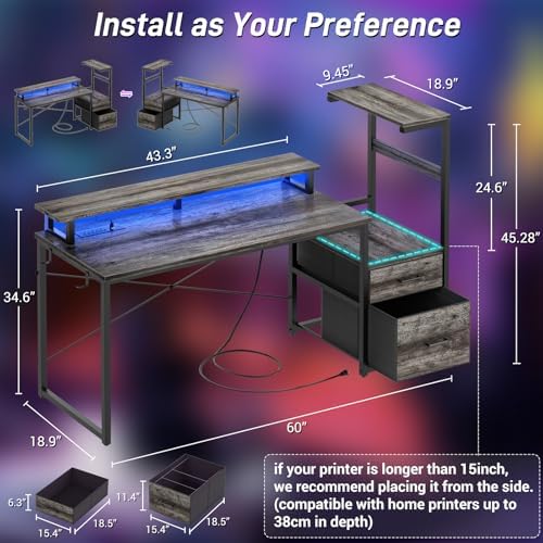 Aheaplus 59" Gaming Desk with RGB LED & Power Outlet &PC Case/Printer Stand - Image 2