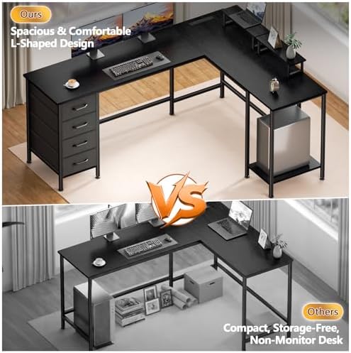 Korfile 66 inch L Shaped Computer Desk with Power Outlets, Black - Image 5