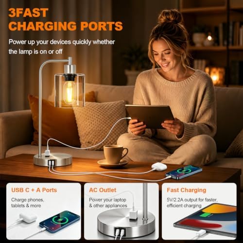 Industrial Touch Control Table Lamps Set of 2 - Brushed Nickel Nightstand Bedside Lamps with 2 USB Ports & AC Outlet, 3-Way Dimmable Desk Lamp for Bedroom Living Room, Glass Shade & LED Bulbs Included - Image 5
