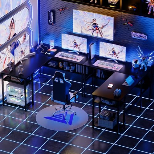Unikito Reversible L Shaped Desk with Magic Power Outlets and USB Charging Ports, Sturdy Corner Computer Desk with Storage Shelves, Gaming Table Home Office Desk, Easy to Assemble, Black - Image 2