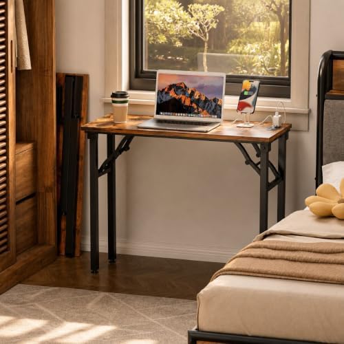 Folding Table Computer Desk - 35.8" No Assembly Folding Desk with Power Outlets & USB Charging Port, Small Desk, Foldable Office Desk, Compact Storage Portable Use for Small Space, Rustic Brown - Image 2