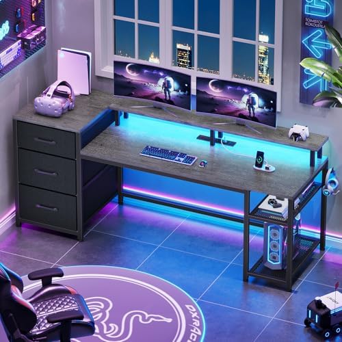 SEDETA 59" Office Desk with File Drawers, Reversible Computer Gaming Desk with Storage, LED Lights & Power Outlet, Home Office Desks for Printer, Grey by SEDETA