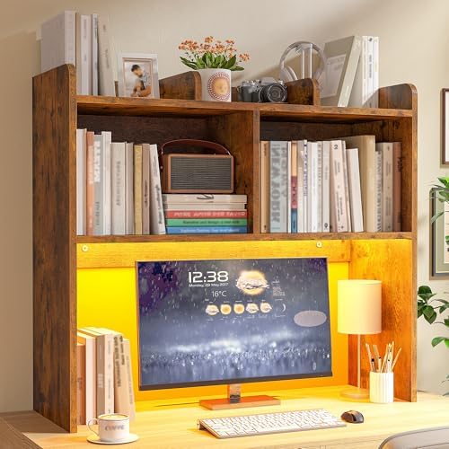 REIBII 3 Tier Desk Hutch, 6 Shelves to Storage, LED Desktop Shelf by REIBII