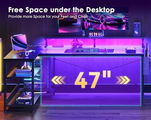 ODK 58 Inch L Shaped Gaming Desk with LED Lights, Power Outlets, Black - Image 4