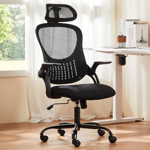 Sweetcrispy Home Office Managerial Executive Chair, High-Back Mesh with Adjustable Headrest, Flip-up Armrest Comfortable Lumbar Support, Comfy Arms for Bedroom,Study,Student by Sweetcrispy