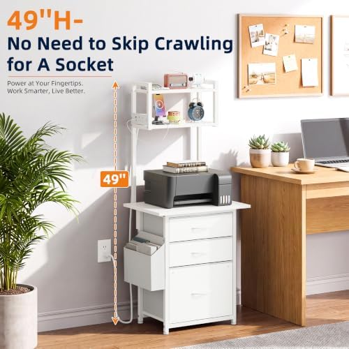 HIGDBFE 3 Drawer File Cabinet with Charging Station, 49''H Tall, 3-Tier Small Filing Cabinet for Home Office, 20''*15'' for Small Printer, Fabric Drawer, Printer Stand, White - Image 6