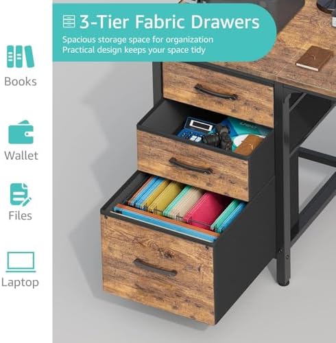 Lufeiya Computer Desk with Fabric File Drawers Cabinet, 55 Inch Reversible Home Office Desks with Filing Cabinet for Small Space, Study Writing Table PC Desks with Storage for Bedroom, Rustic Brown - Image 6