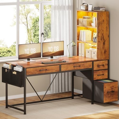 SEDETA Computer Desk with 5 Drawers and Bookshelf, Reversible Home Office Desk with Storage Shelves and File Drawer, Gaming Corner Desk with LED Lights for Small Spaces, Rustic Brown by SEDETA