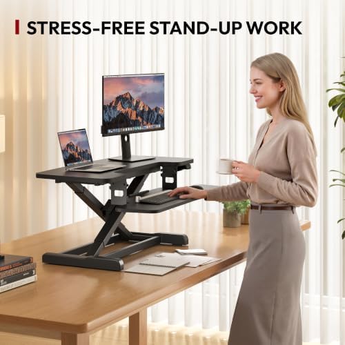 SANODESK 35" Electric Standing Desk Converter,Height Adjustable Riser for Office Home, Monitor and Laptop Workstation with Large Keyboard Tray, Black Color - Image 4