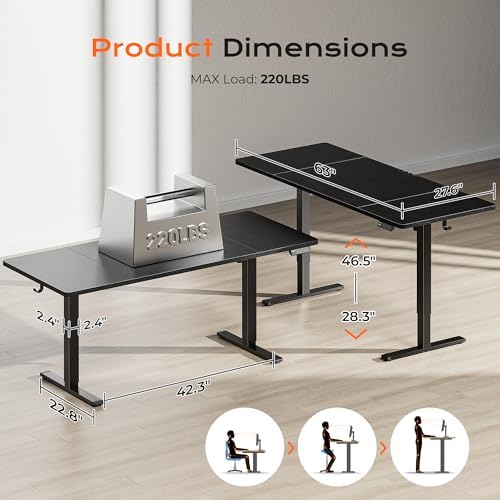 Huuger 63 x 28 Large Electric Standing Desk, Height Adjustable Computer Desk, 27.6" Deep Desktop, Stand up Gaming Office Table with 2 Hooks, 3 Preset Heights, for Home Office, Black - Image 2