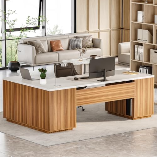 LITTLE TREE 87-Inch Modern Executive Desk with File Cabinet, Large Home Office Desk with Drawers, 3-Drawer Wooden File Cabinet, Spacious Workstation for Home Office (White & Brown) by LITTLETREE