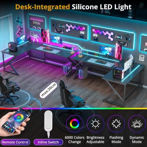 43.3'' L Shaped Gaming Desk with LED Lights & Power Outlets, Black Desk - Image 4