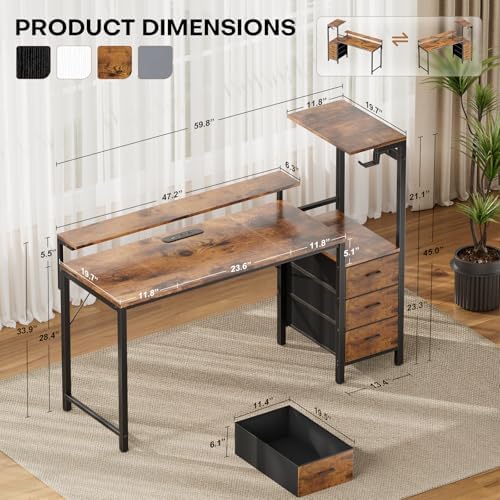 HLDIRECT 60 Inch Gaming Desk with Power Outlets & LED Lights, Rustic Brown - Image 3