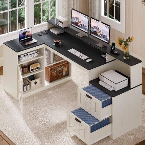 63" Farmhouse L Shaped Desk with Drawers and Printer Stand for Home Office - Image 7
