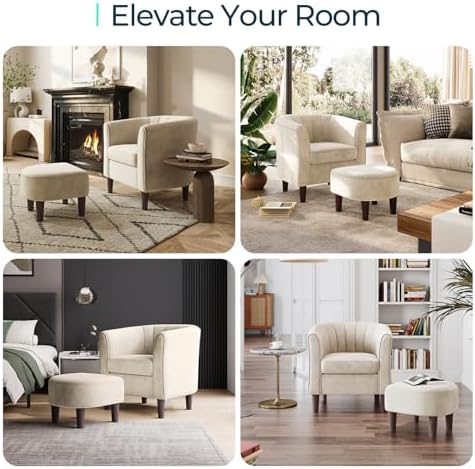 LINSY Accent Chair with Ottoman, Modern Barrel Chair Small Armchair Reading Chair with Footrest, Comfy Round Arms Chair for Living Room Bedroom Reading Room, Velvet, Cream - Image 6