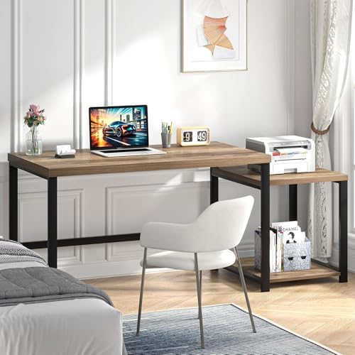 FOLUBAN 63 Inch Large Computer Desk with Printer Space & PC Tower Stand, Modern Wood Home Office Desk Workstation with Storage Shelves, Writing Study Gaming Table, Rustic Oak - Image 3