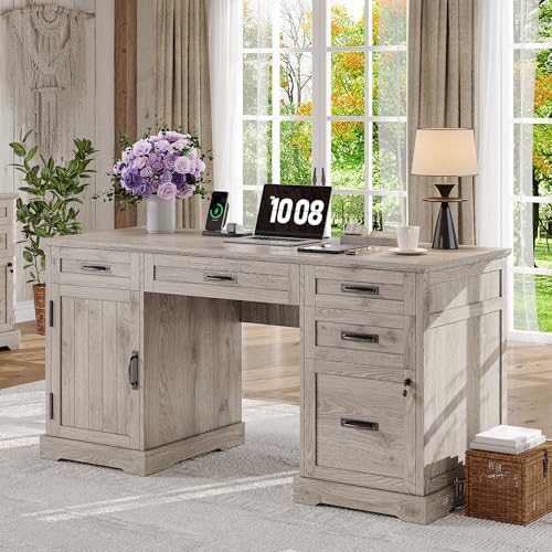 Whalefall 55'' Farmhouse Desk Home Office with Drawers, Light Gray by Whalefall