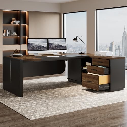 Tribesigns 80'' L-Shaped Desk, Large Executive Office Desk with 55'' Drawers Cabinet, Modern Commercial Office Table with Storage Shelves, Business Furniture for Home Office, Brown & Black - Image 3