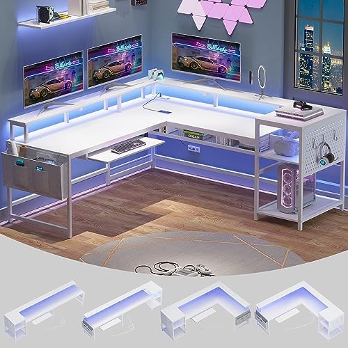 SEDETA L Shaped Gaming Desk, Reversible Computer Desk, Gaming Desk with Power Outlets & LED Strip, Monitor Shelf, Keyboard Tray, Pegboard and Storage Shelves for Home Office, White by SEDETA