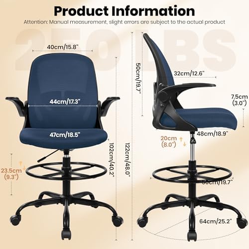 Primy Drafting Chair Tall Office Chair with Flip-up Armrests Executive Ergonomic Computer Standing Desk Chair with Lumbar Support and Adjustable Footrest Ring (Navy) - Image 3